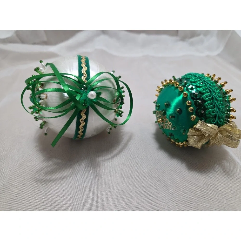 Unique White‎ and Green Beaded Ornament - Intricate Vintage Christmas